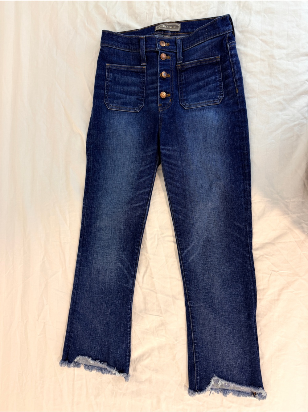 J.Crew Point Sur 10" High-Rise Demi-Boot Jeans front patch pockets button fly 28